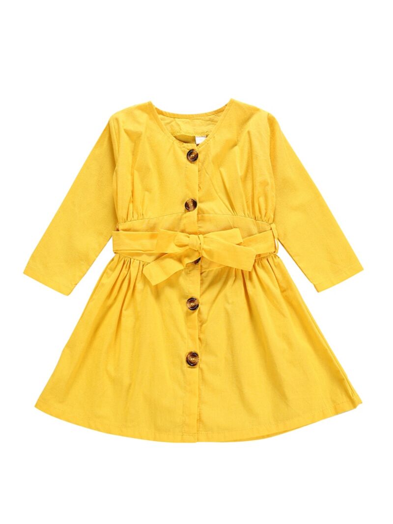 Wholesale Spring Belted Long Sleeve Yellow Dress 191227