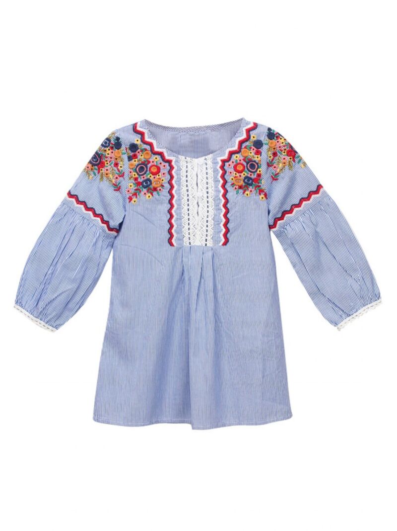 Wholesale Spring Little Girl Flower Embroidery Stripe T