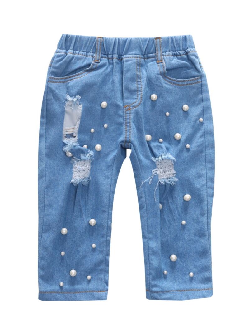 Wholesale Stylish Little Girl Beaded Ripped Blue Seven