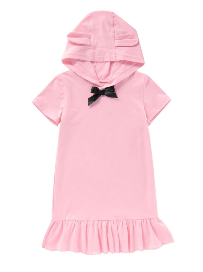 Wholesale Trend Girl Plunge Ruffle Hem Pink Hooded Dres