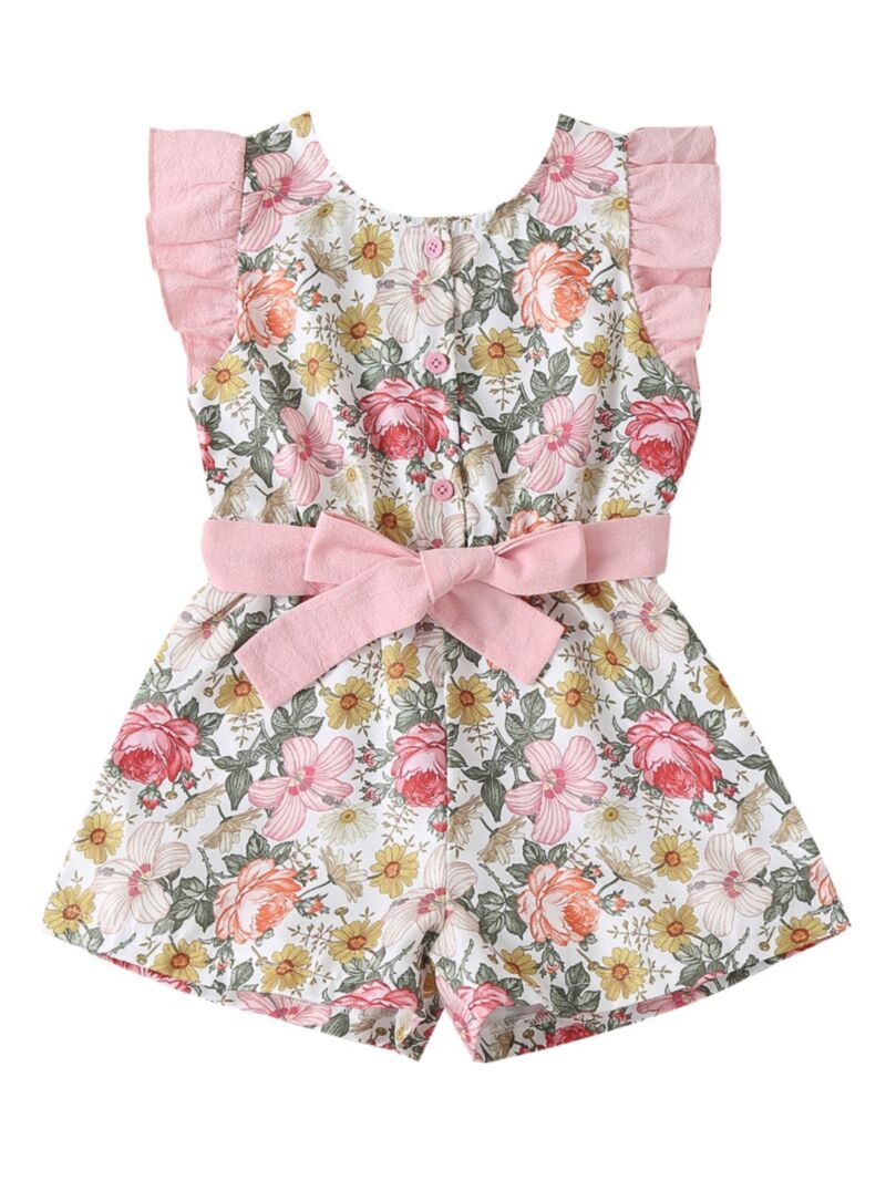 Wholesale Little Girl Ruffle Sleeve Floral Belted Rompe