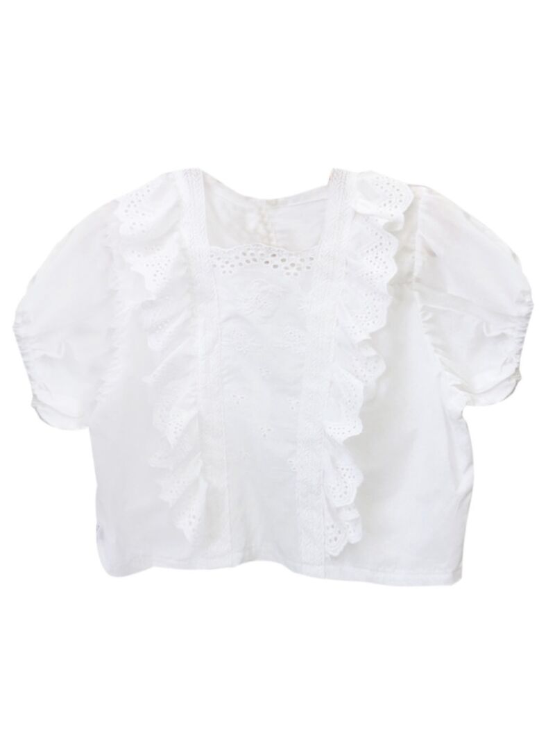 Wholesale Kid Girl Ruffle Decor Puff Sleeve White Top 2