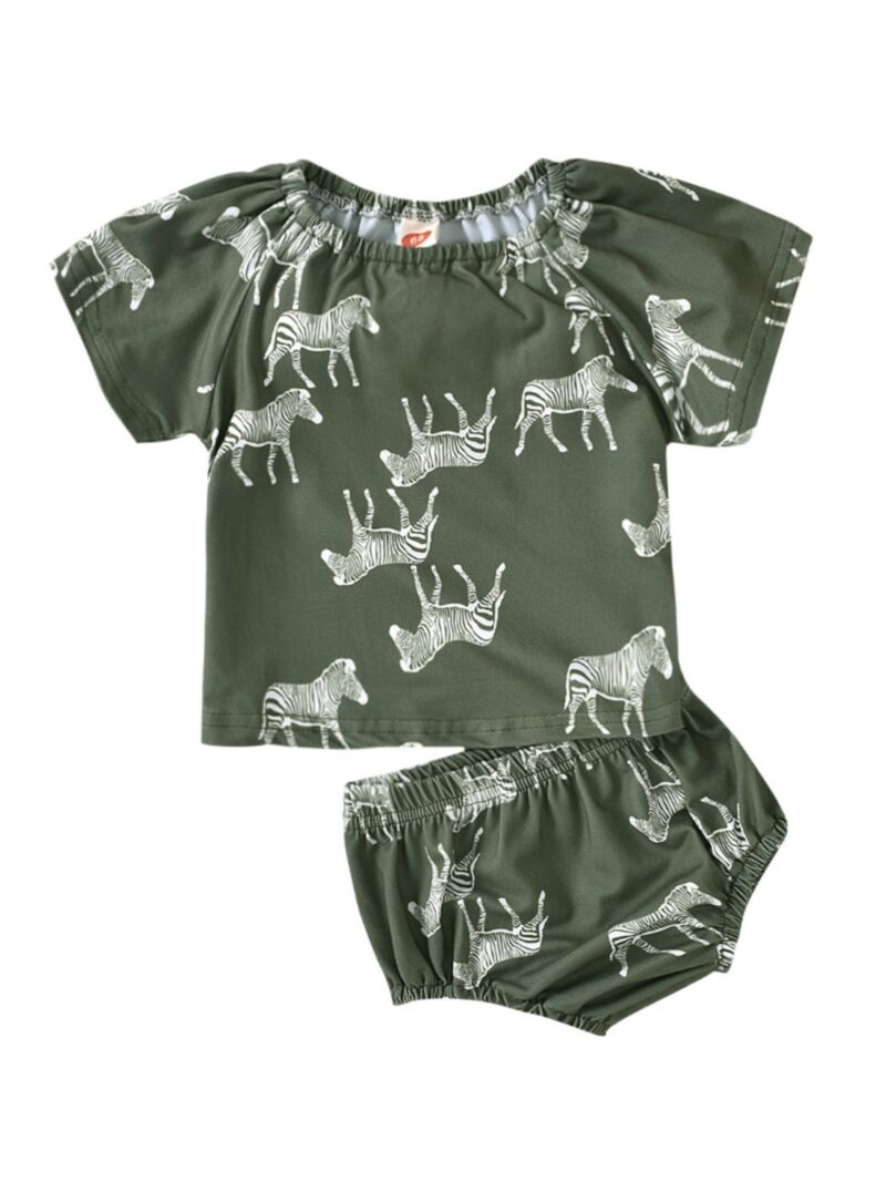 Wholesale 2 Pcs Baby Girl Zebra Printed Army Green Set