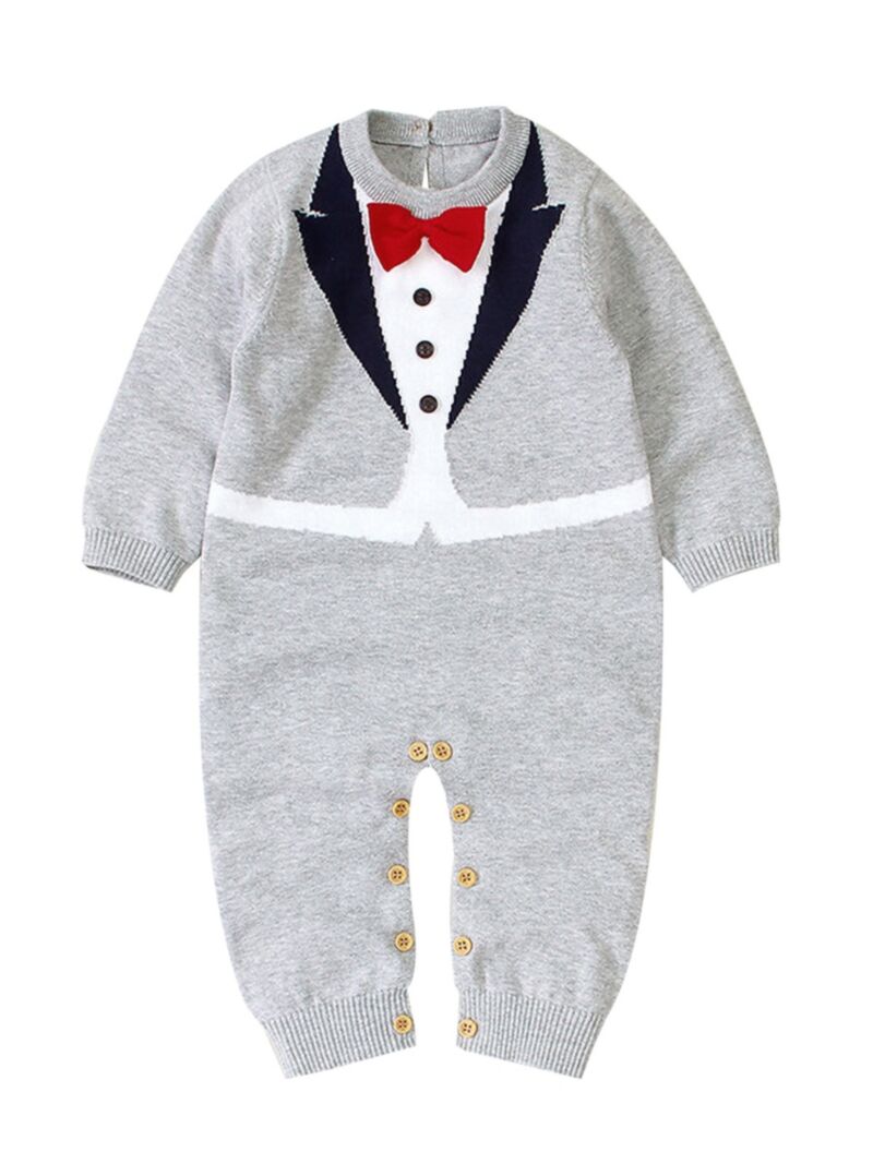 Baby Boy Gentleman Bowtie Romper Set - Cotton Long Sleeve With Suspenders & Shorts