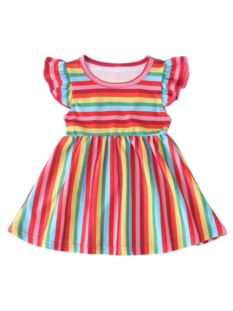 Wholesale Toddler Girl Rainbow Stripe Flutter Sleeve Dr