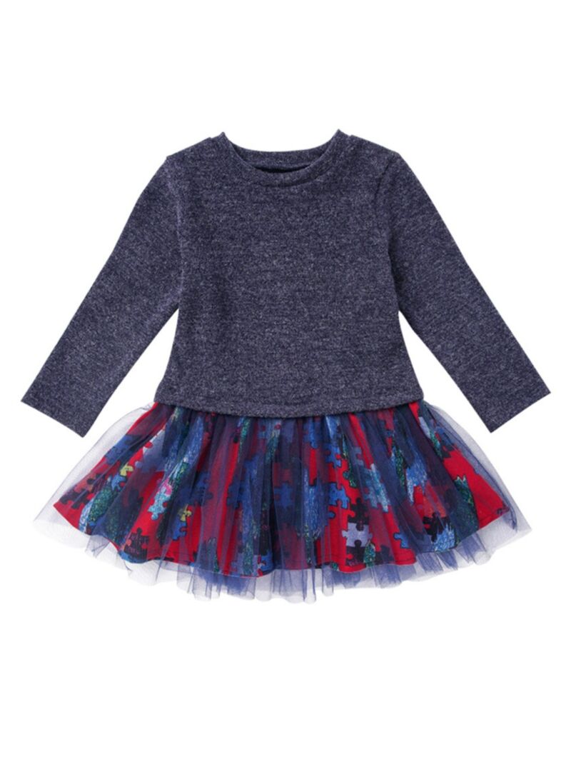 Wholesale Toddler Girl Long Sleeve Jigsaws Mesh Dress 2