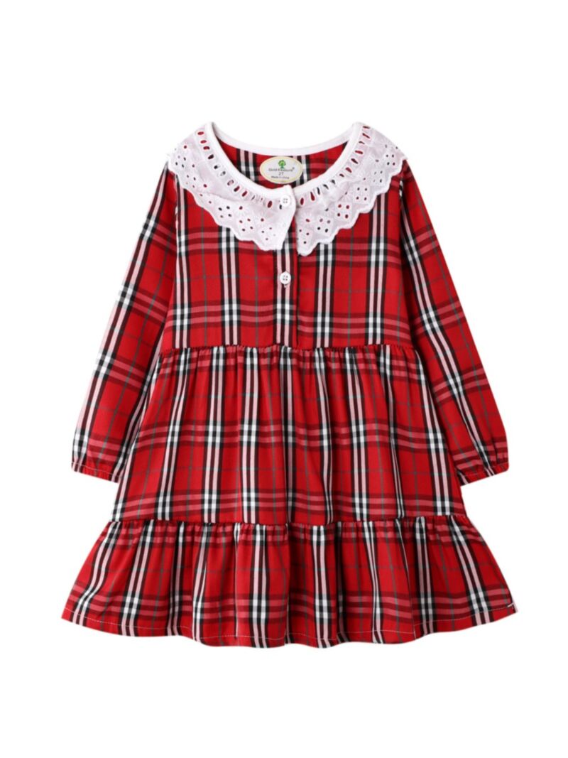 Wholesale Kid Girl Eyelet Ruffle Hem Red Plaid Dress 20