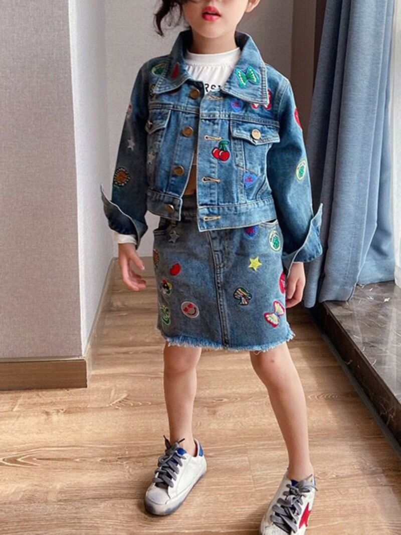 Kid Girl Solid Color Denim Jacket 2-piece Set