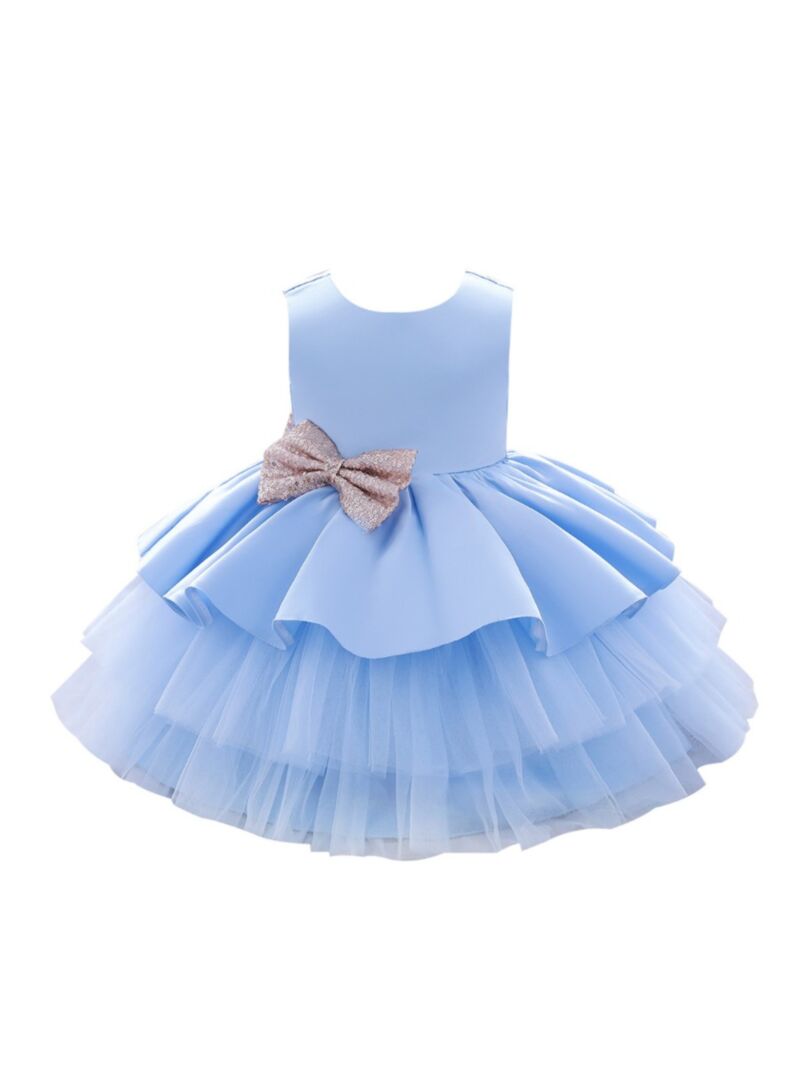 Wholesale Kid Girl Sequins Bow Layered Mesh Gown 201015