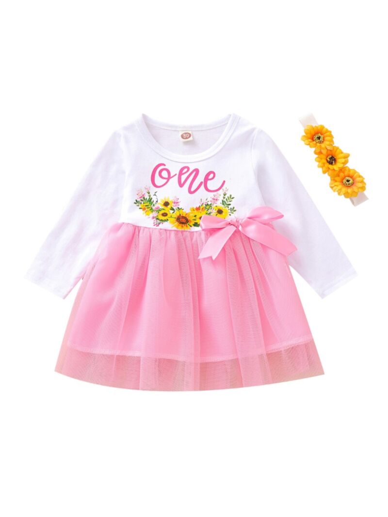 Sunflower Printed Blended Dress For Baby Girl In Pink Color main image 0