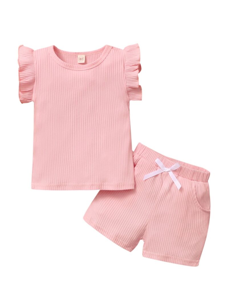 Wholesale 2-Piece Little Girl Ribbed Flutter Sleeve Top