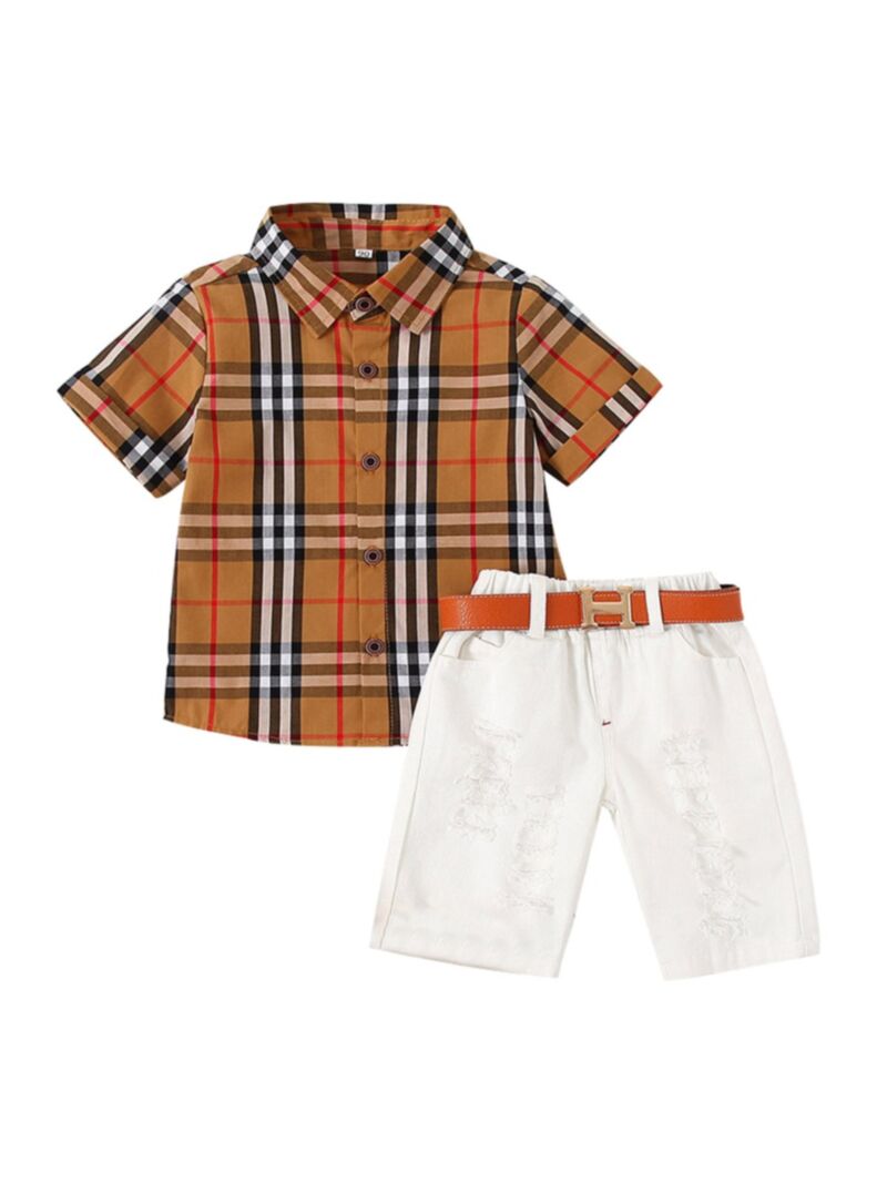 Wholesale 2 Pieces Kid Boy Check Shirt And Belted Short