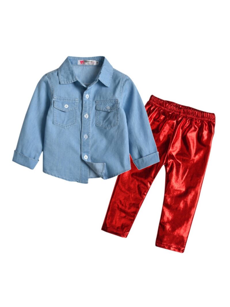 Wholesale Two Pieces Toddler Girl Denim Shirt With Meta