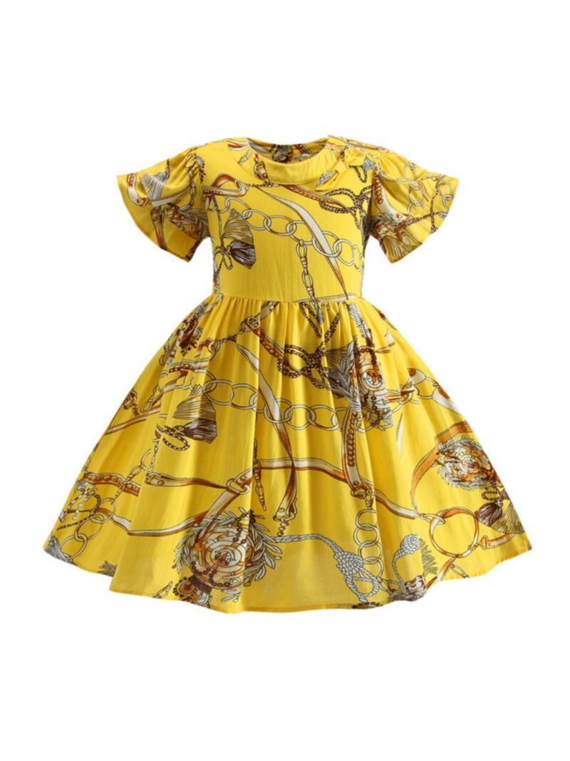 Wholesale Kid Girl Flared Sleeve Chain Print Dress 2103