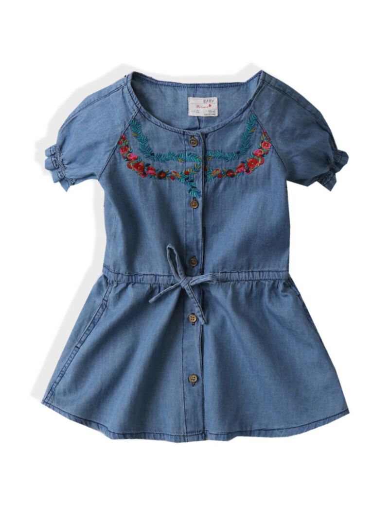 Wholesale Kid Girl Flower Embroidery Ruffle Trim Denim
