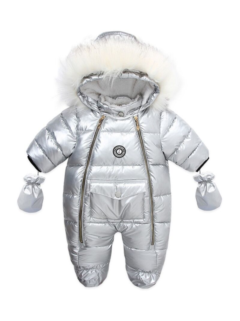Wholesale PU Leather Baby Hooded Snowsuit With Gloves 2