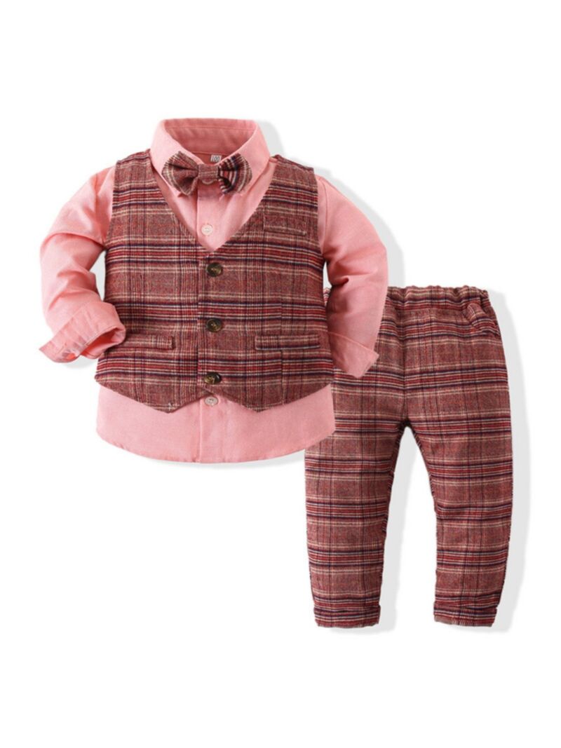 Wholesale Baby Boys Gentleman Suit Set Checked Bowtie S