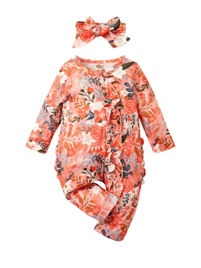 Wholesale Floral Print Ruffle Trim Zipper Baby Girl Jum