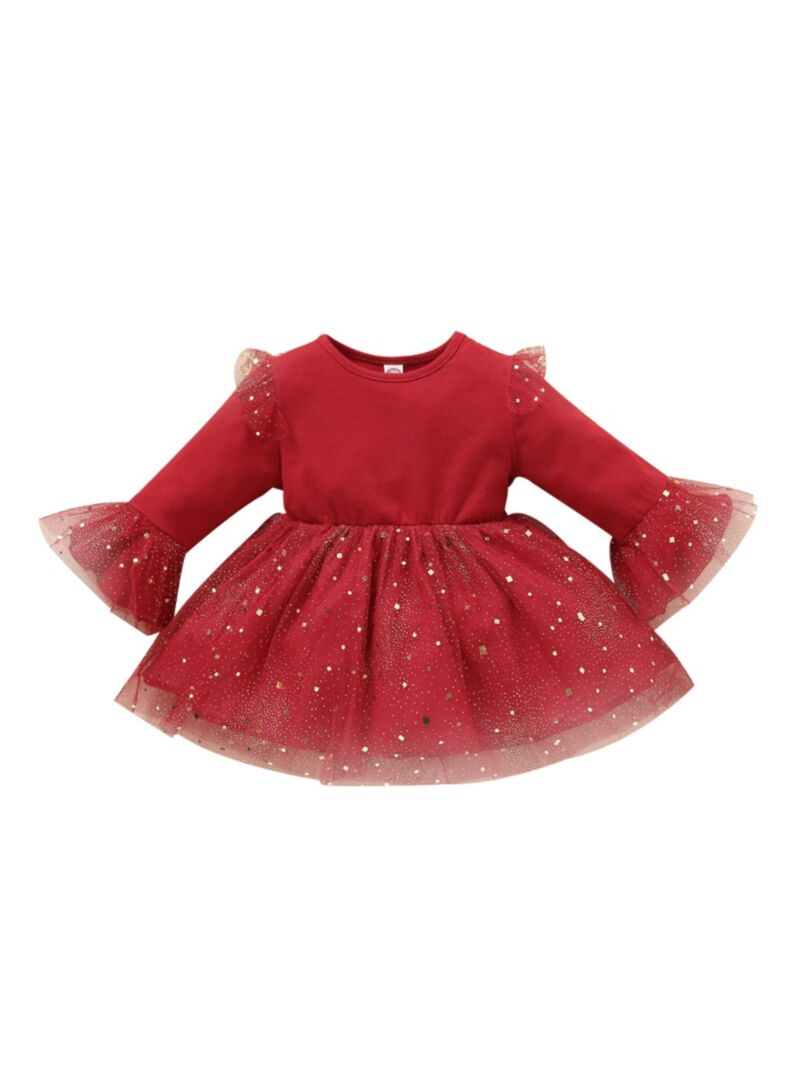 Wholesale Toddler Girl Sequins Flared Sleeve Mesh Dress