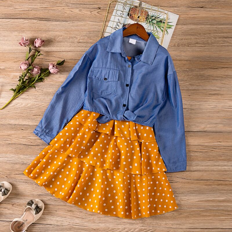 Wholesale 512Y Big Girls Clothing Sets Faux Denim Shir