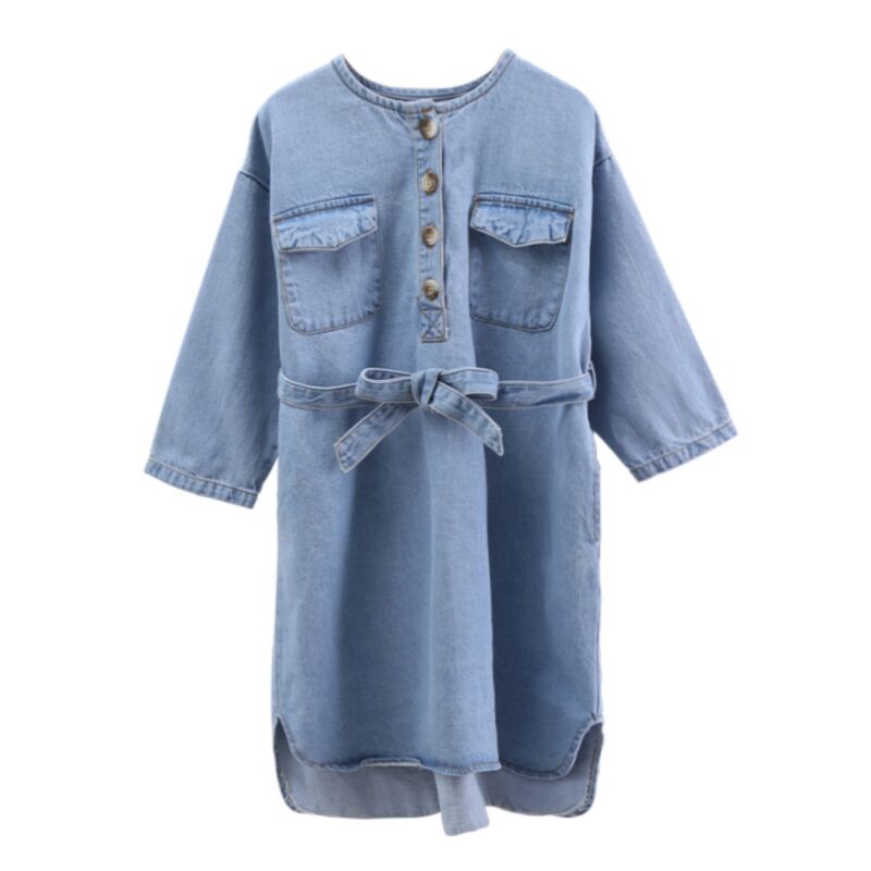 Wholesale Big Girl Clothing Half Button Belted Denim Dr