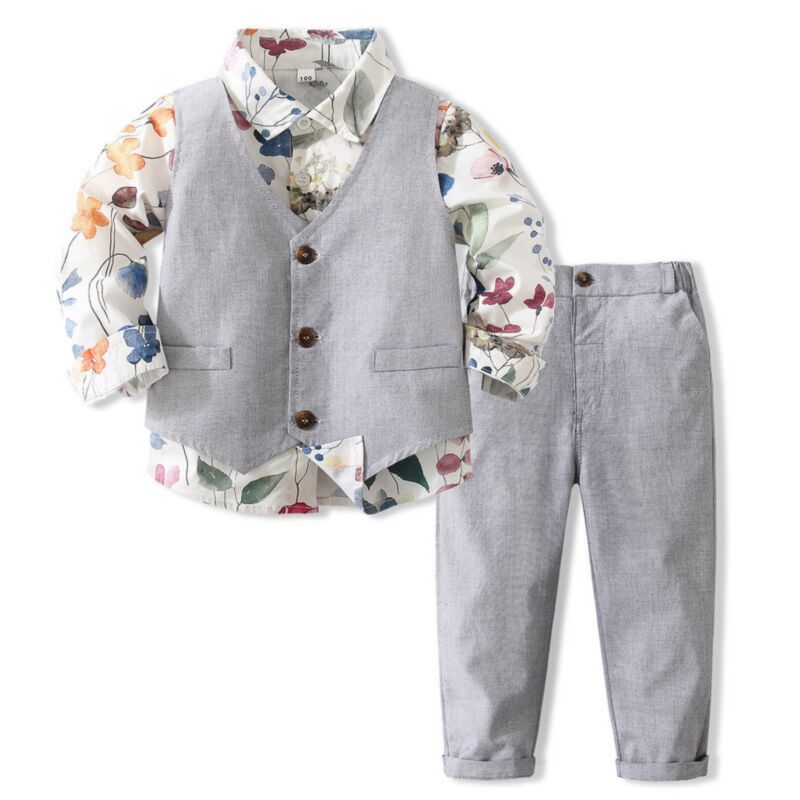 Wholesale 9M4Y Toddler Boys Floral Lapel Shirt Vest Pa