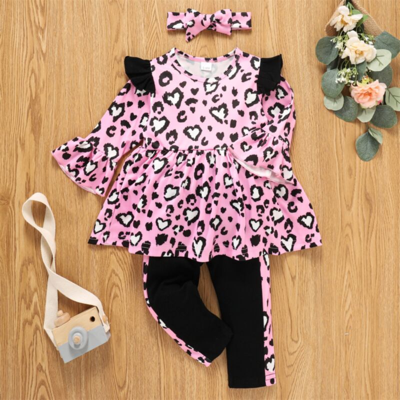 Wholesale 3pieces Baby Girl Leopard Print Ruffled Long
