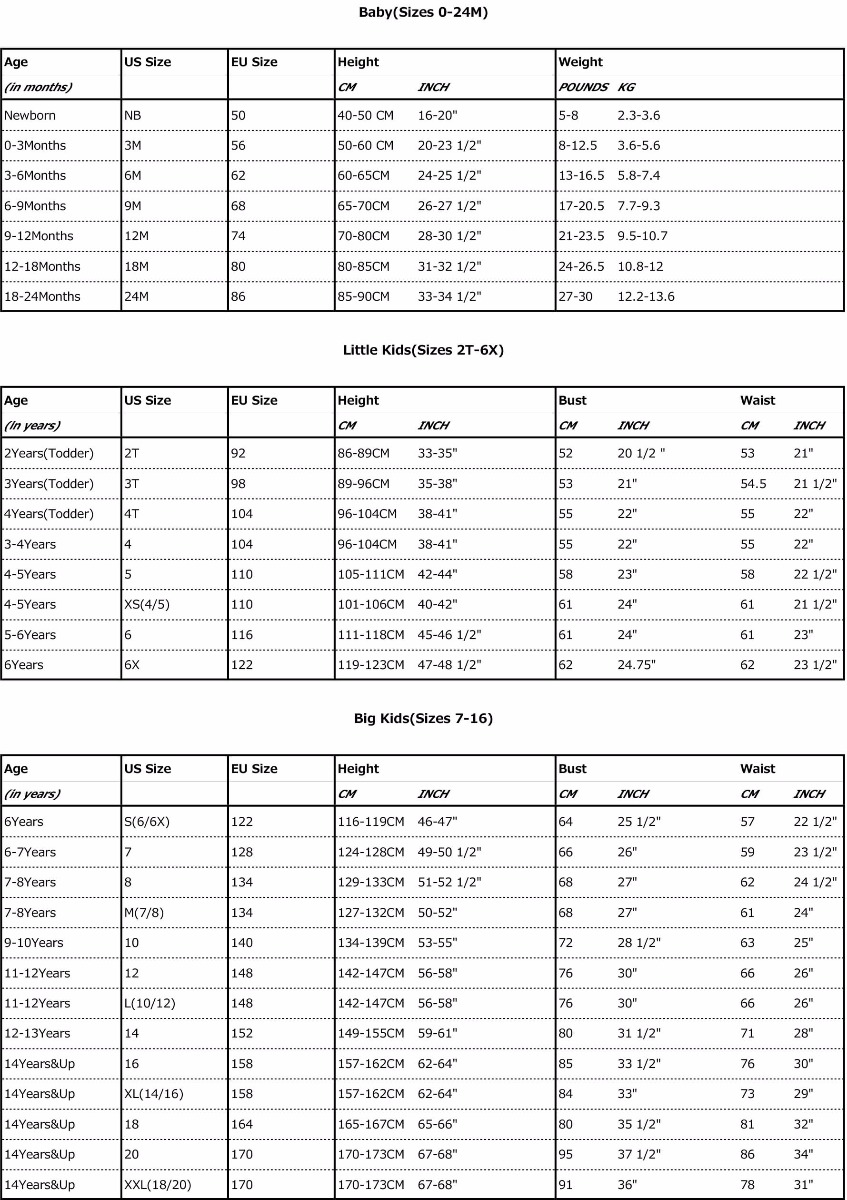 Kids Pants Size Chart